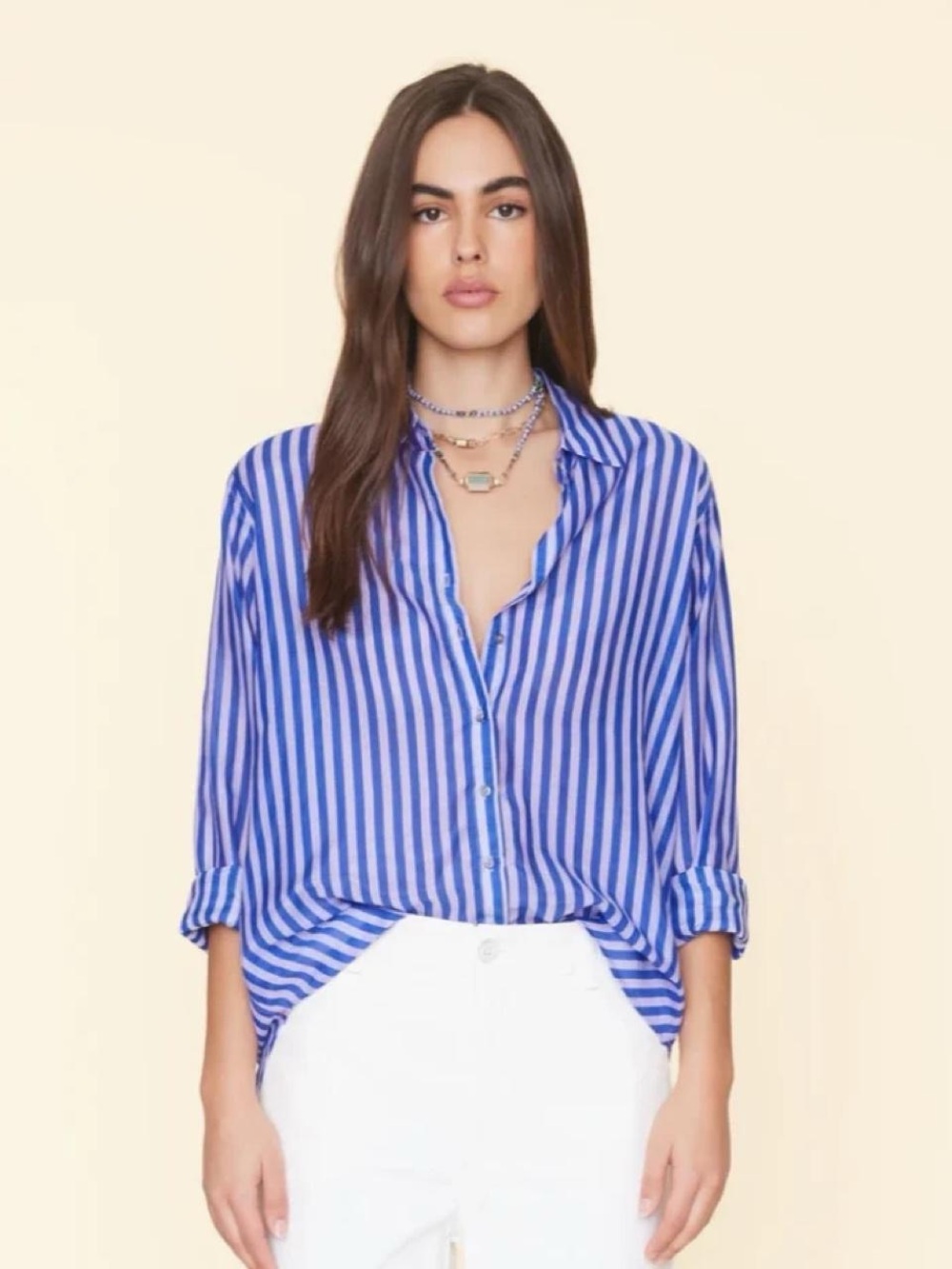 XiRENA moon star beau Blue, purple, lavender Vertical-Stripe Button-Down Blouse